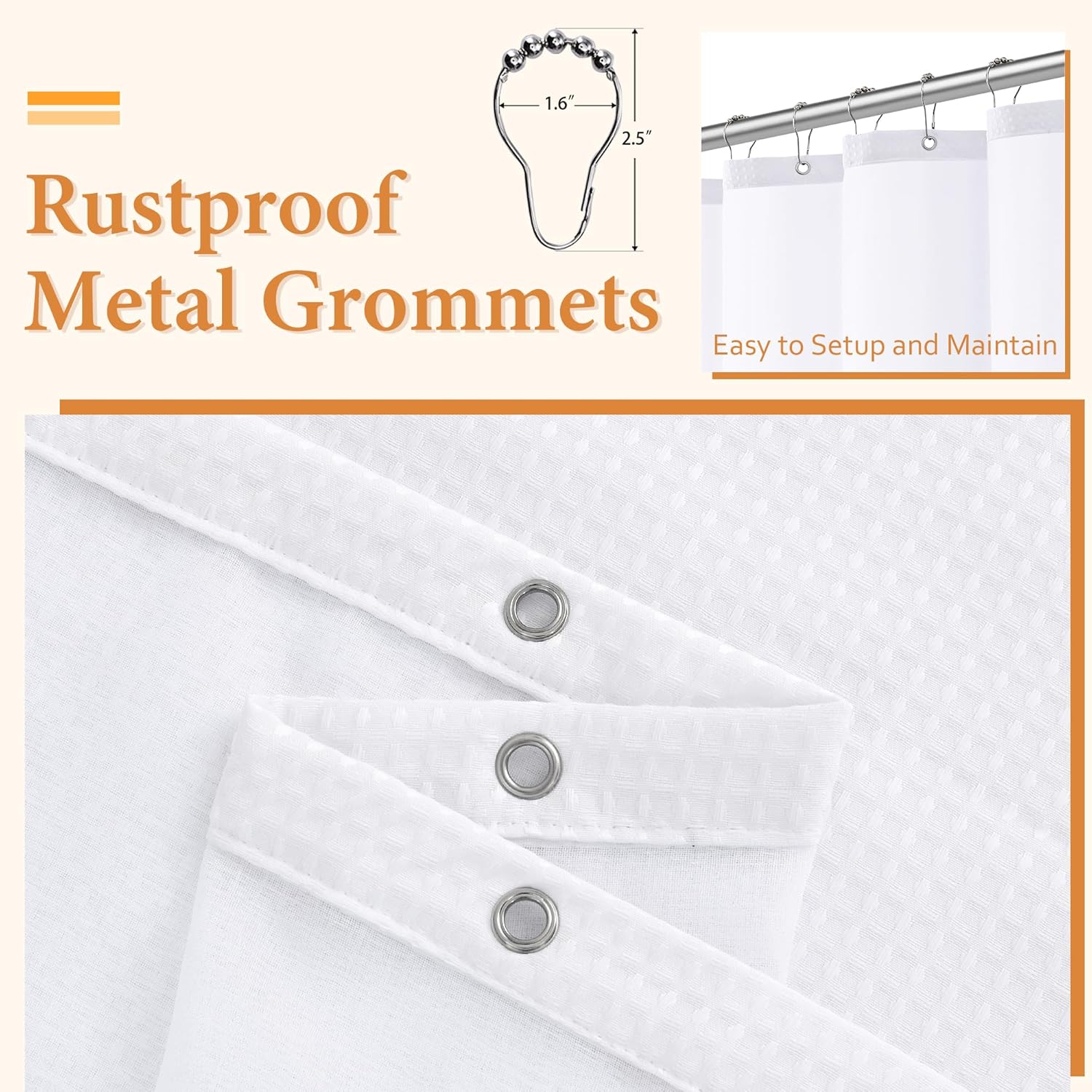 Waffle Waterproof Hotel Grade Bathroom Curtain with Hook