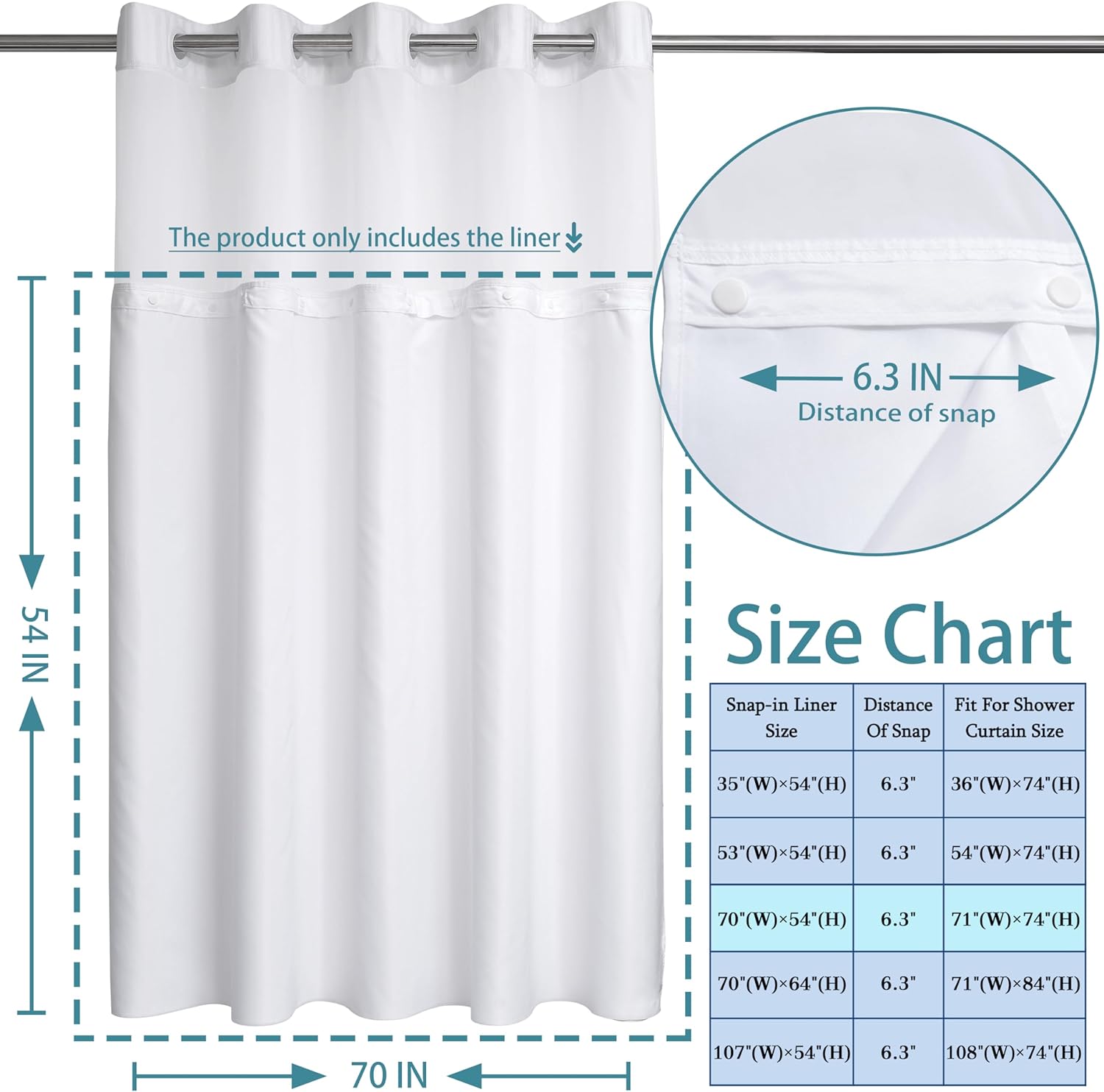 Snap-on Waterproof Fabric Shower Curtain With Removable Lining(70Wx54H)