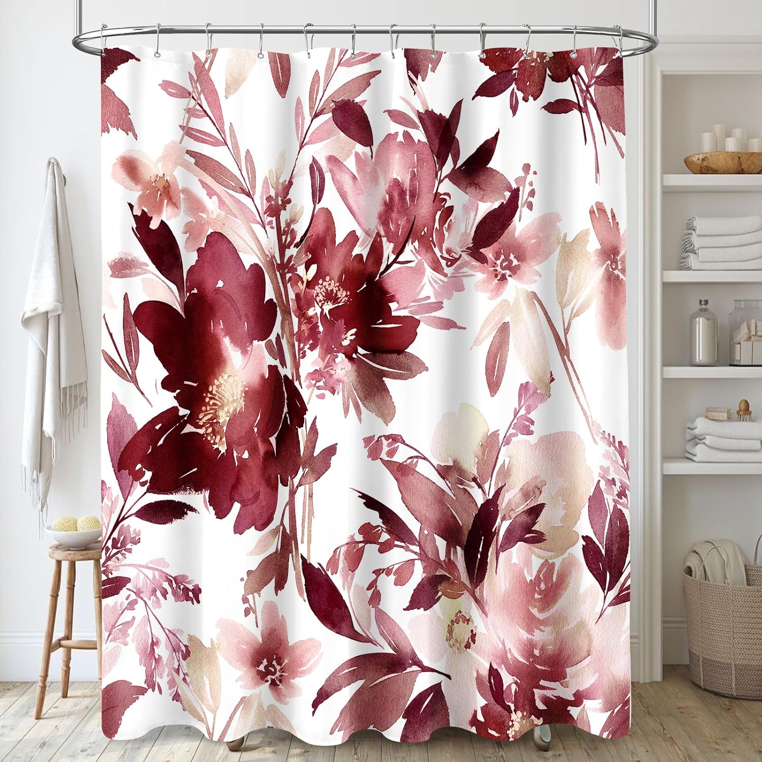 Watercolor Plant Leaves Floral Shower Curtain for Bathroom with Hooks