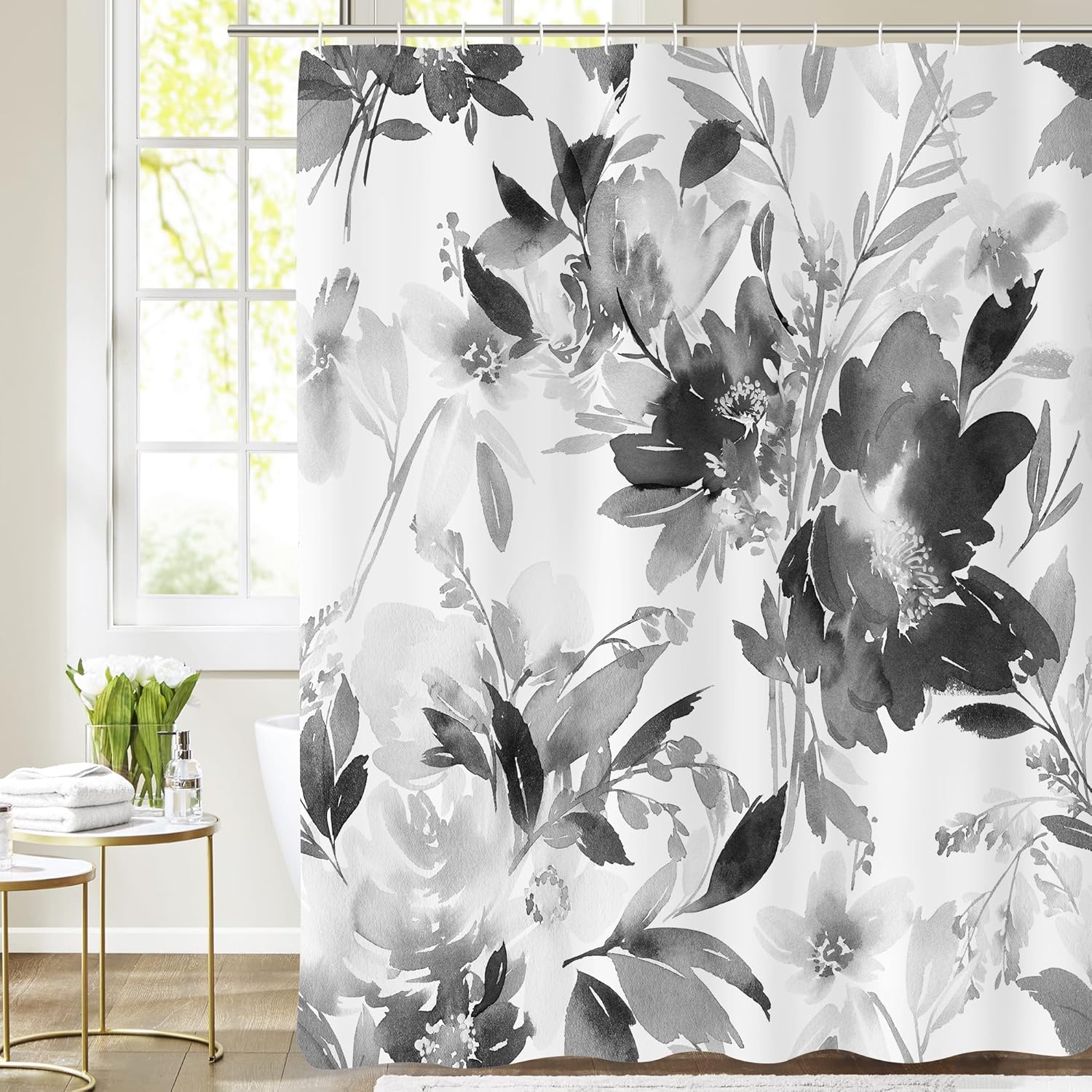 Watercolor Plant Leaves Floral Shower Curtain for Bathroom with Hooks