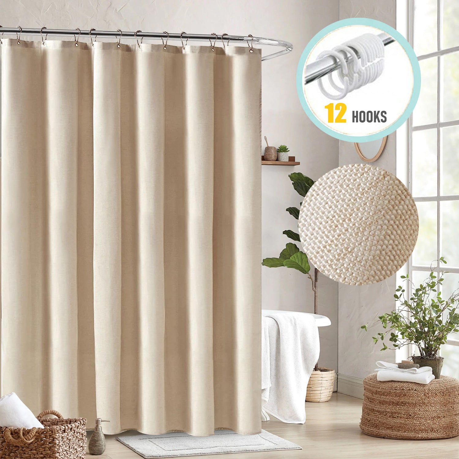 Linen Textured Cloth Shower Curtain With Hooks