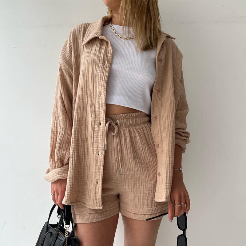 🌞Summer Funny Big Sale 50% Off -LZYoehin™Two-piece lapel long-sleeved shirt drawstring shorts(No Bandeau)