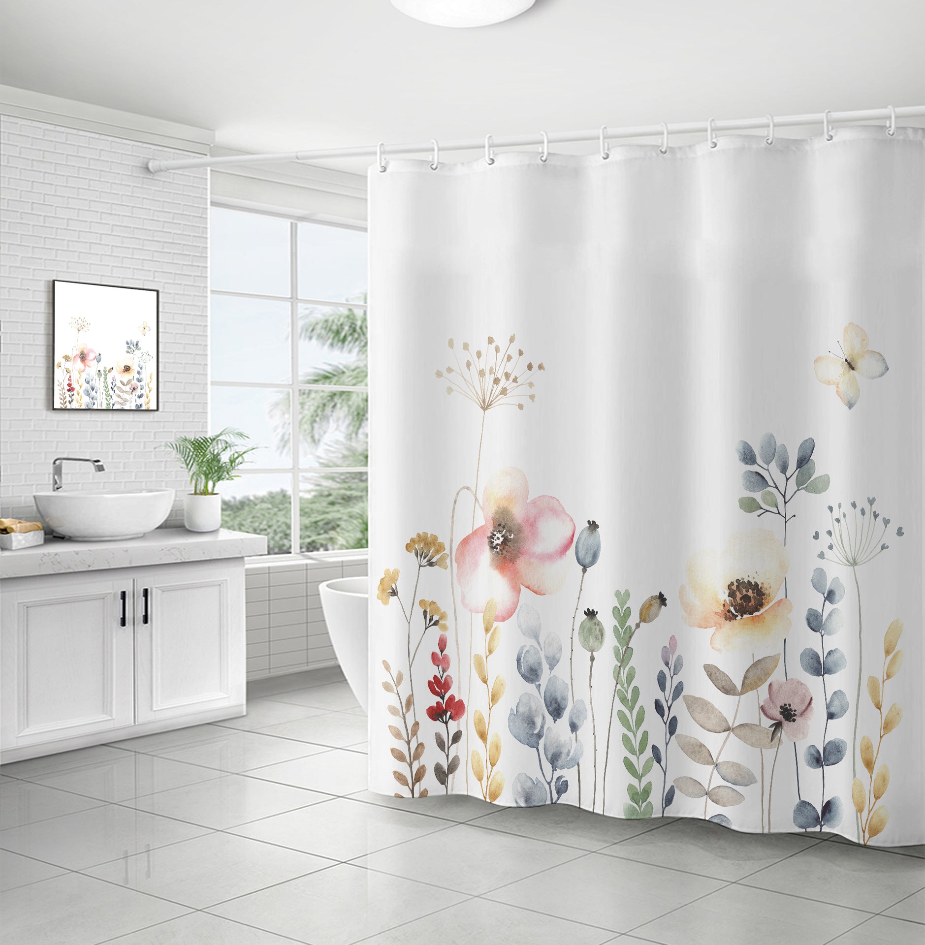 Zrodlmo™Floral Shower Curtain White Waterproof Bathroom