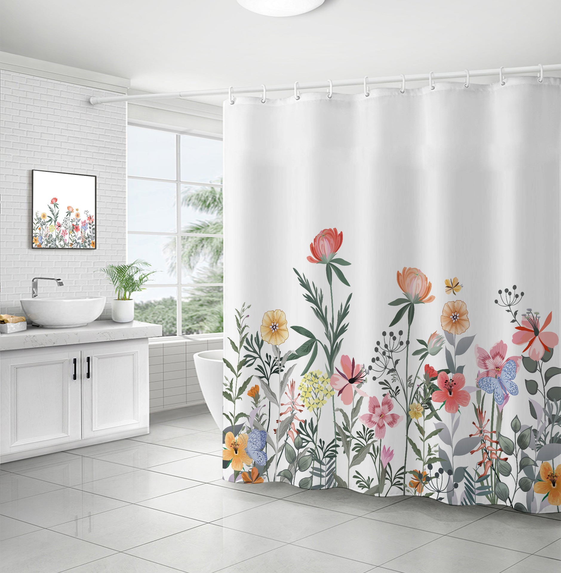 Zrodlmo™Floral Shower Curtain White Waterproof Bathroom