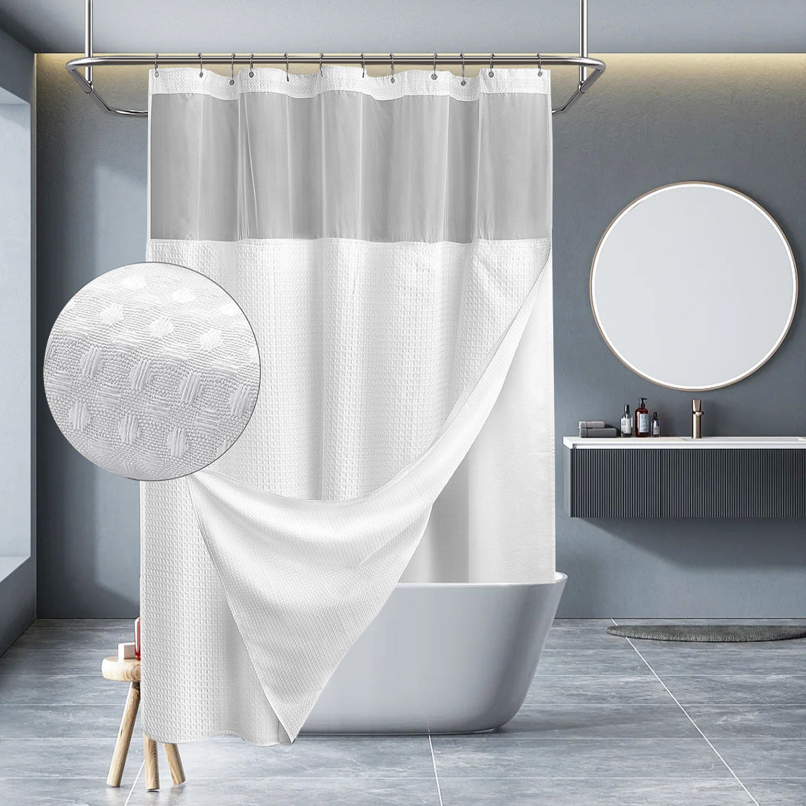 Waffle Waterproof Hotel Grade Bathroom Curtain with Hook
