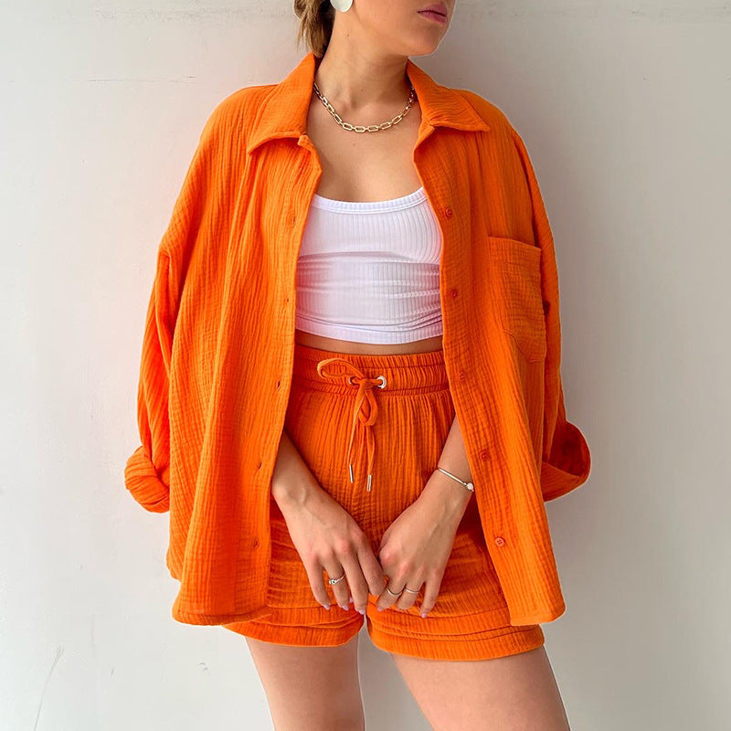 🌞Summer Funny Big Sale 50% Off -LZYoehin™Two-piece lapel long-sleeved shirt drawstring shorts(No Bandeau)