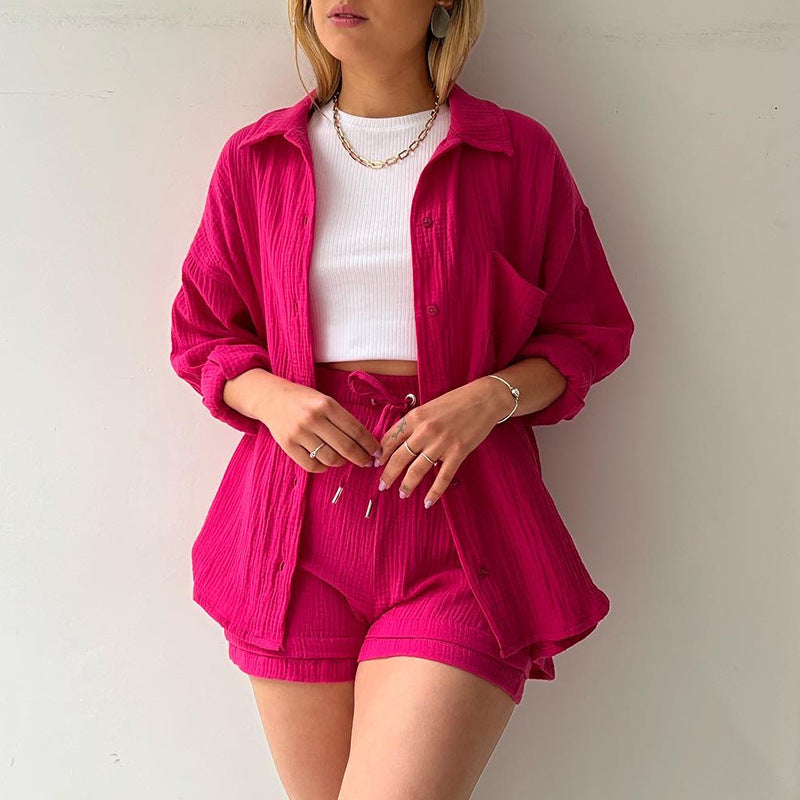 🌞Summer Funny Big Sale 50% Off -LZYoehin™Two-piece lapel long-sleeved shirt drawstring shorts(No Bandeau)