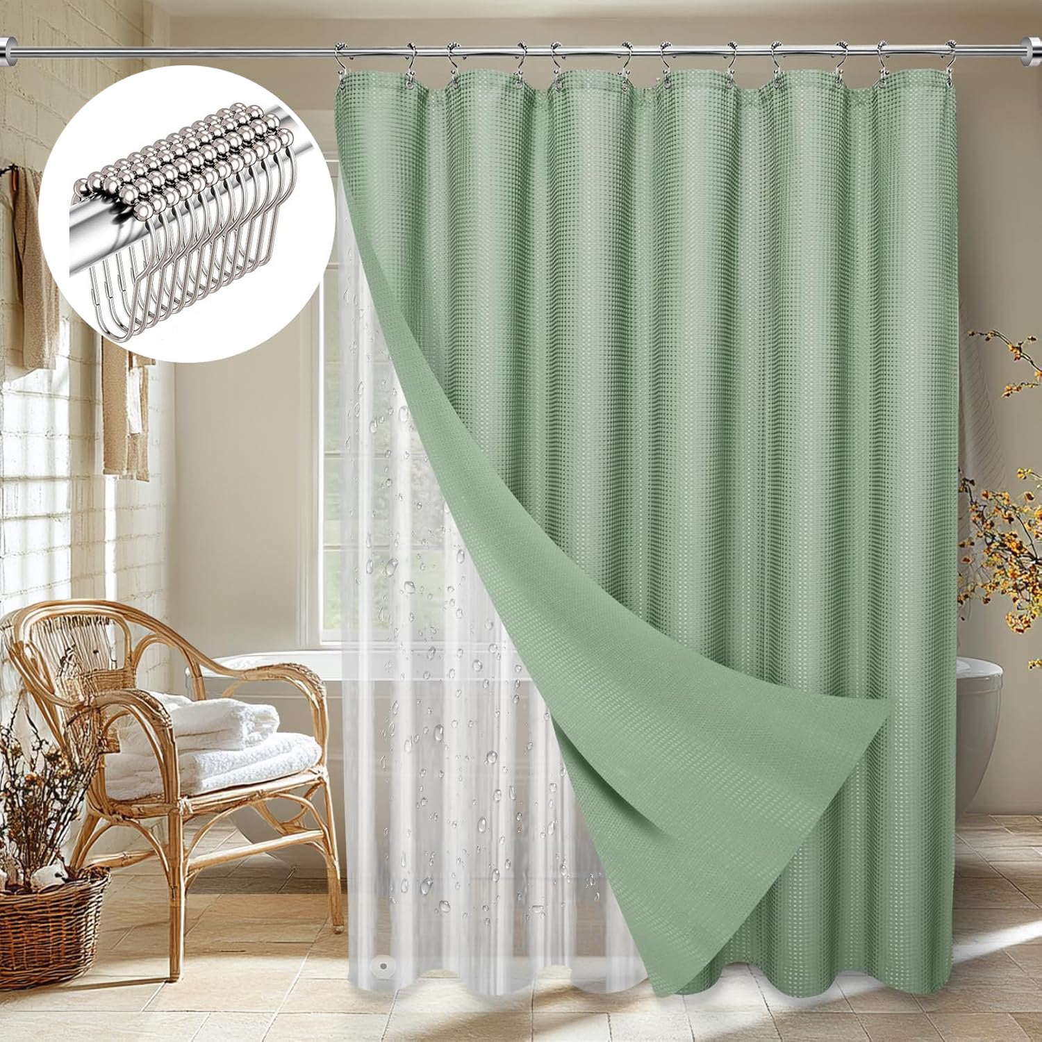 Waffle Shower Curtain Hotel Luxury Spa Bathroom Curtain with 12 hooks