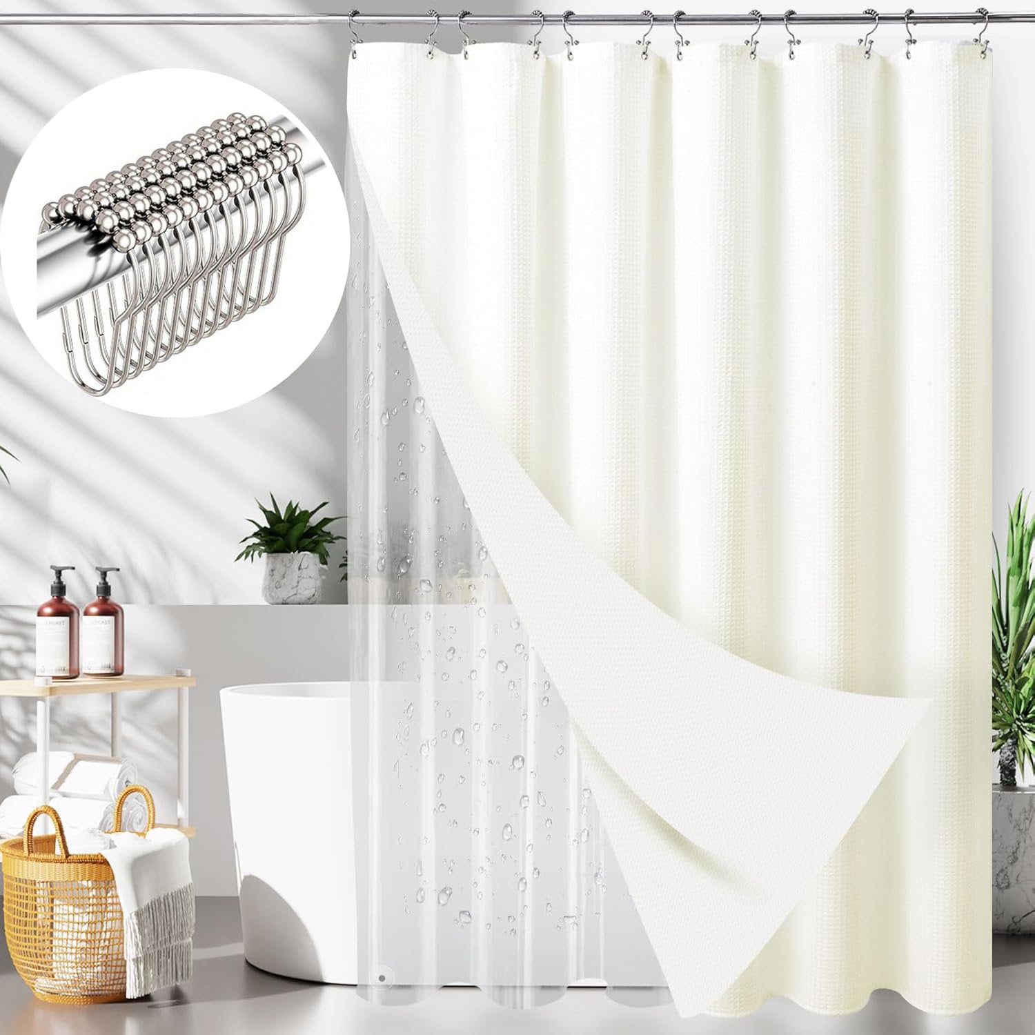 Waffle Shower Curtain Hotel Luxury Spa Bathroom Curtain with 12 hooks