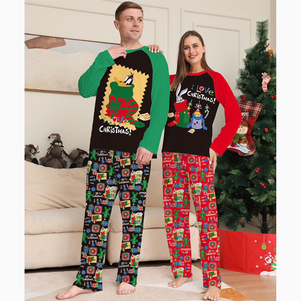 Colorblock Cute Pattern Round Neck Long Sleeve Christmas Parent-Child Pajamas