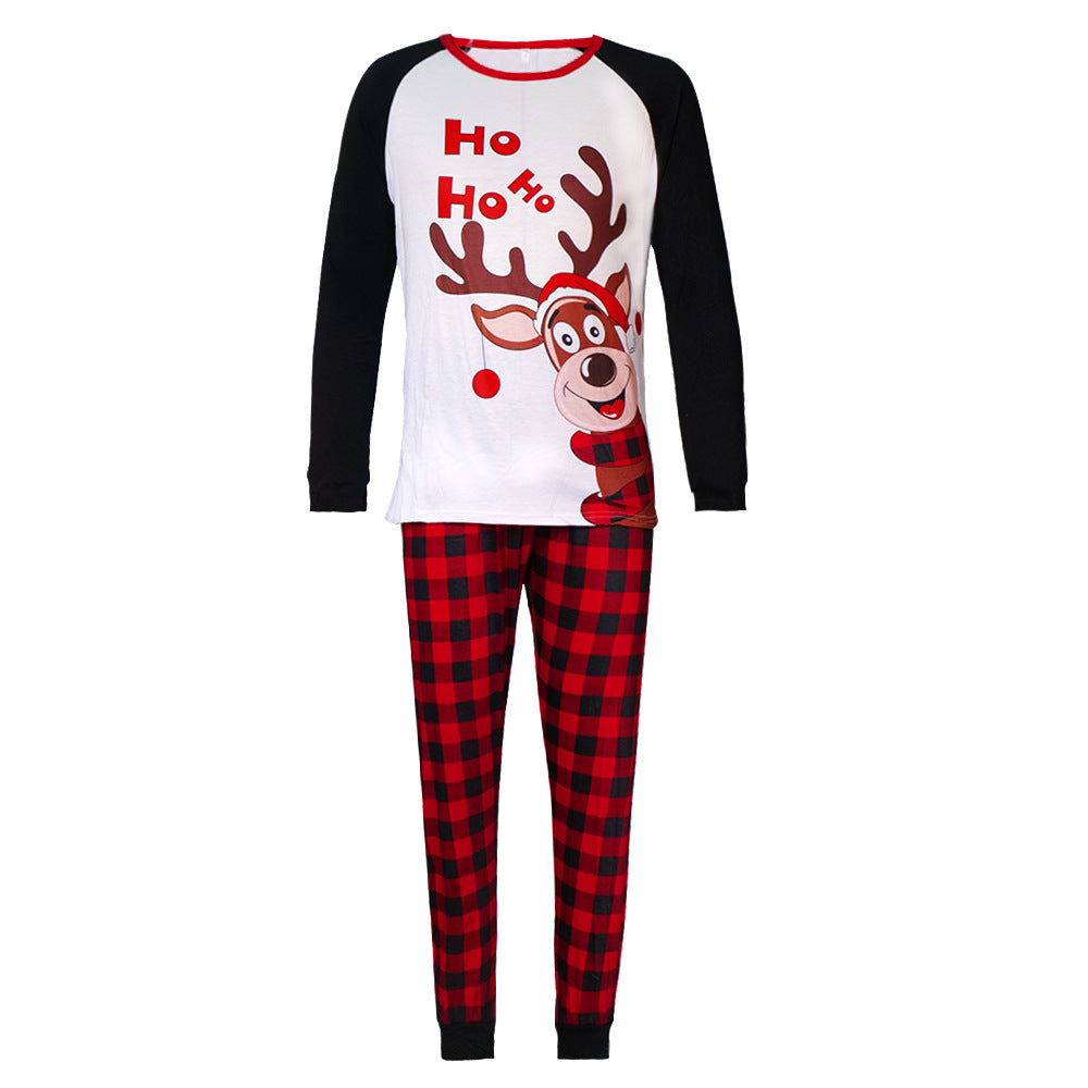 Reindeer Letter Print Ragaln-sleeve Red Plaid Pajamas Sets