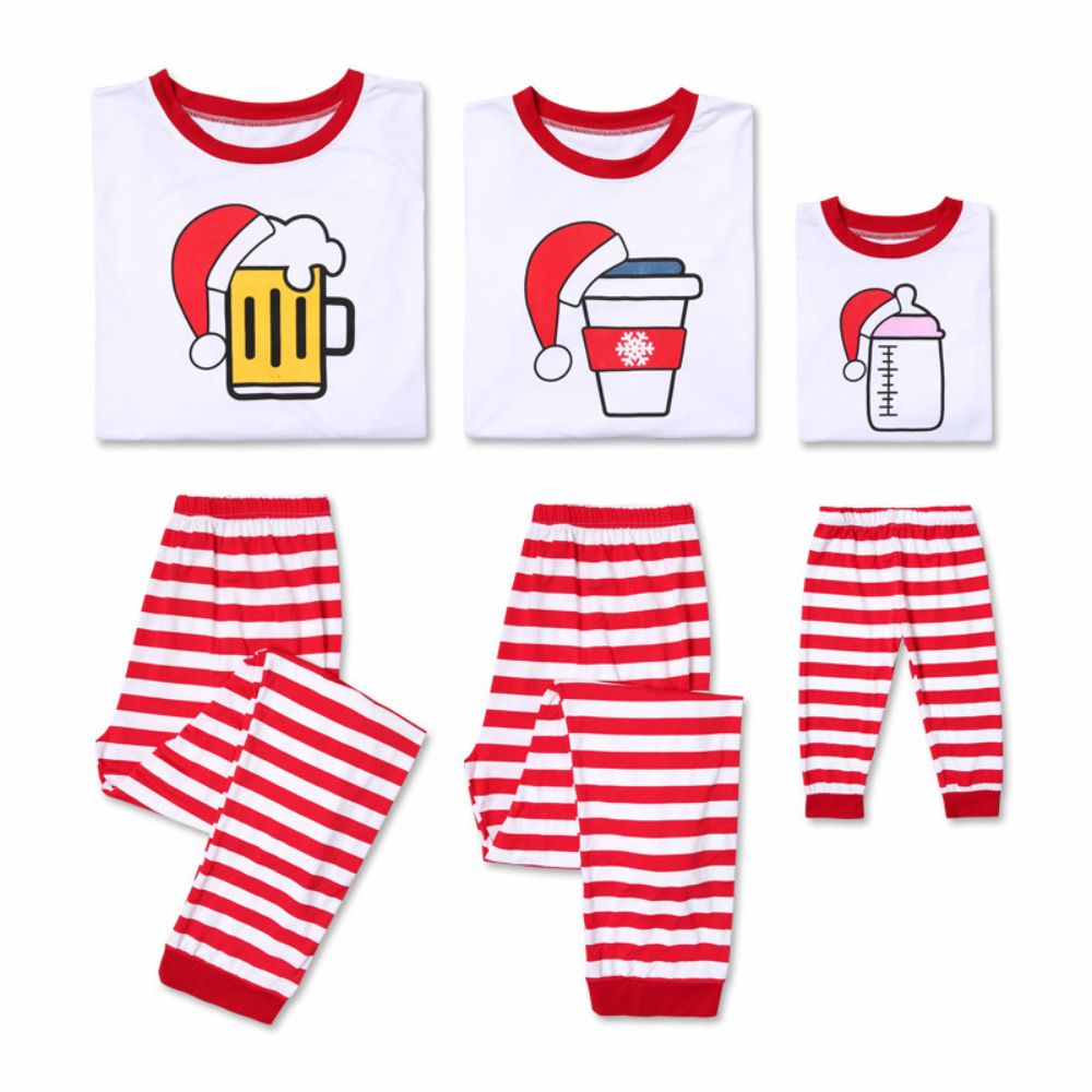 Family Matching Beer Coffee Milk Top & Stripe Pants Pajamas Sets