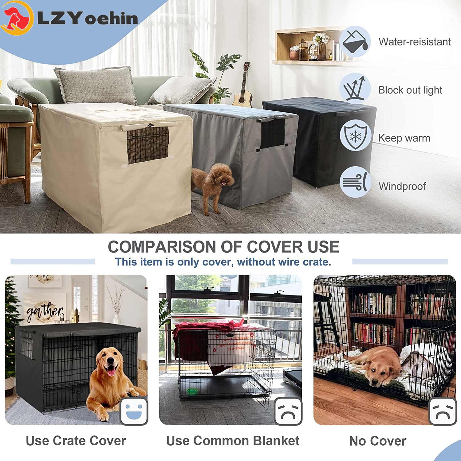 LZYoehin Dog Crate Cover Pet Kennel Cover Universal Dog Cage Cover for 36-48 inches Wire Dog Crate, Black