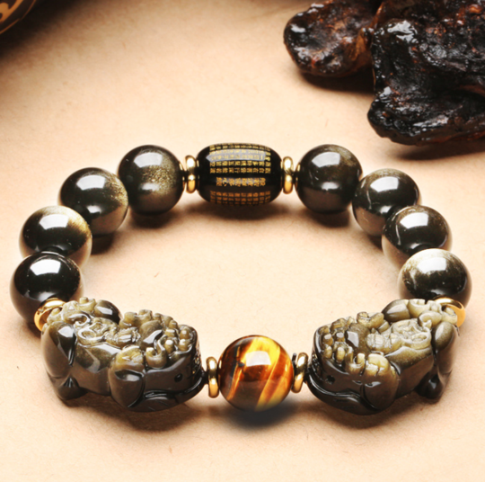 Natural Gold Obsidian Double Pi Yao Wealth Bracelet