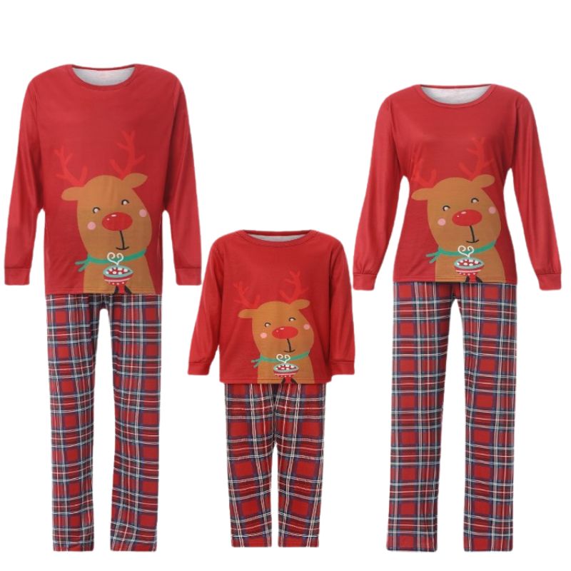 Family Matching Cartoon Deer Plaid Print Family Look Pajama Set