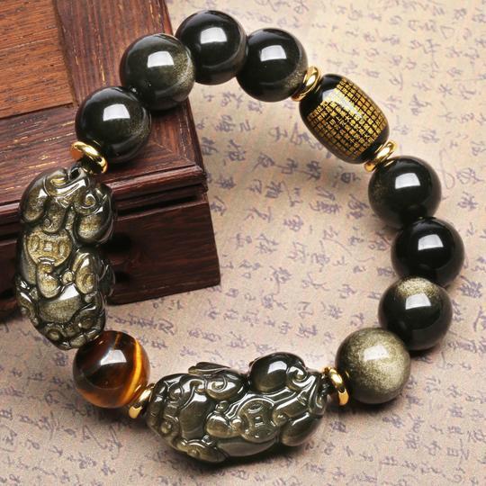 Natural Gold Obsidian Double Pi Yao Wealth Bracelet