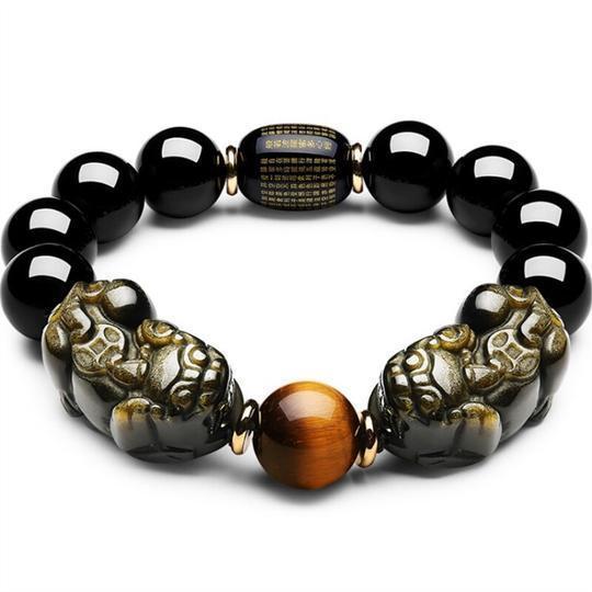 Natural Gold Obsidian Double Pi Yao Wealth Bracelet