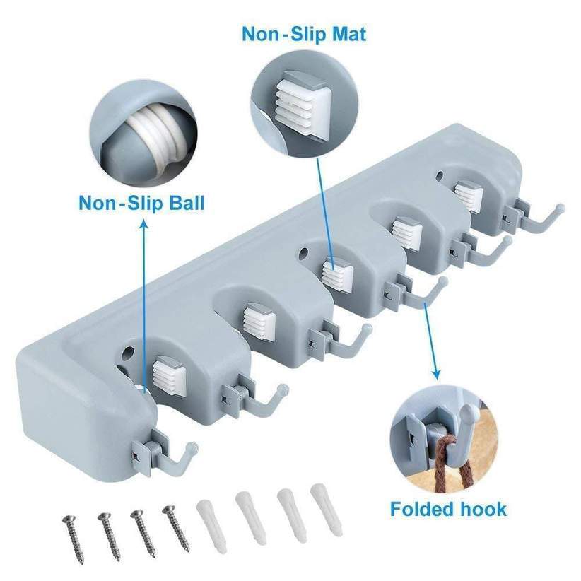 Wall Mounted, 6 Hook, 5 Slot Mop Broom Holder Tool