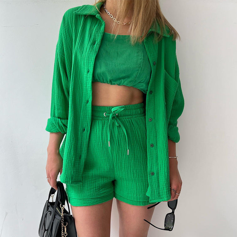 🌞Summer Funny Big Sale 50% Off -LZYoehin™Two-piece lapel long-sleeved shirt drawstring shorts(No Bandeau)