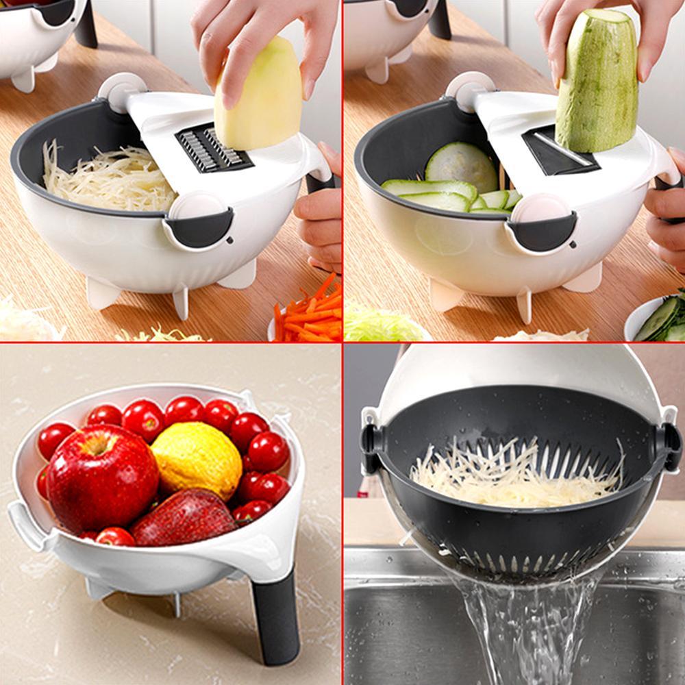 Multi-functional manual vegetable cutter with basket