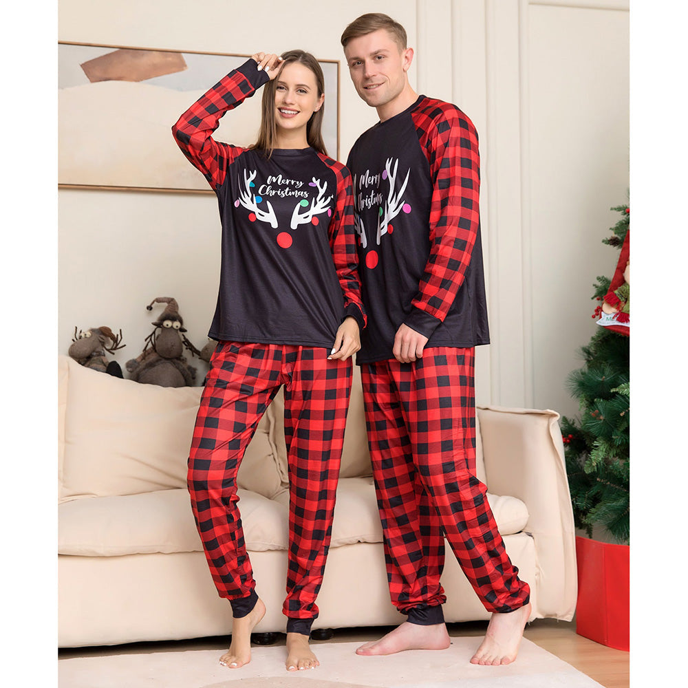 Merry Christmas Elk Antlers Plaid Print Christmas Family Pajamas