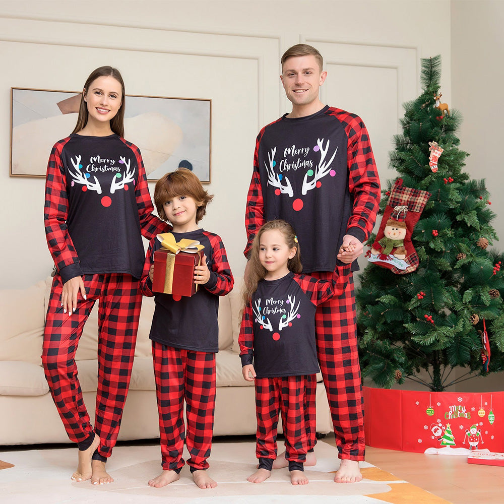 Merry Christmas Elk Antlers Plaid Print Christmas Family Pajamas