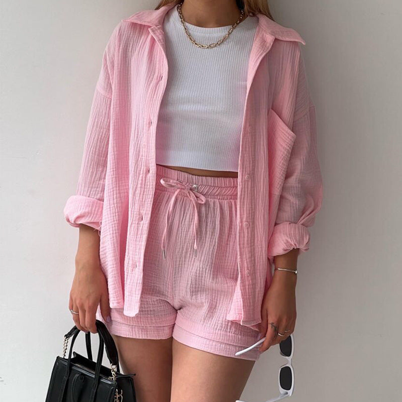 🌞Summer Funny Big Sale 50% Off -LZYoehin™Two-piece lapel long-sleeved shirt drawstring shorts(No Bandeau)