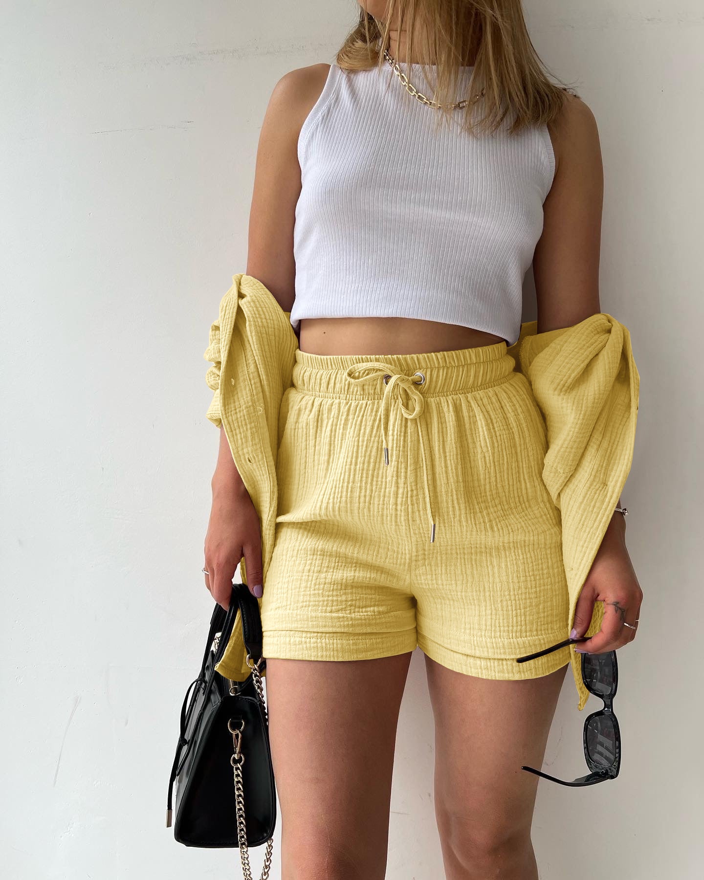 🌞Summer Funny Big Sale 50% Off -LZYoehin™Two-piece lapel long-sleeved shirt drawstring shorts(No Bandeau)