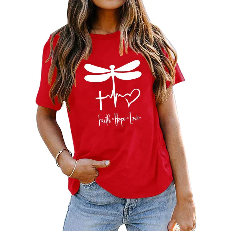 Women's T shirt Dragonfly Letters