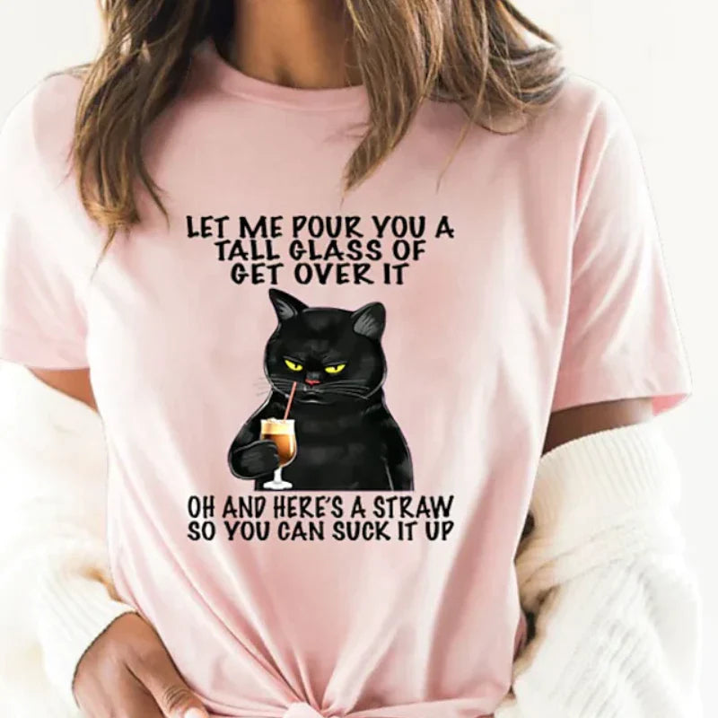 Women's T shirt Drinking Cat