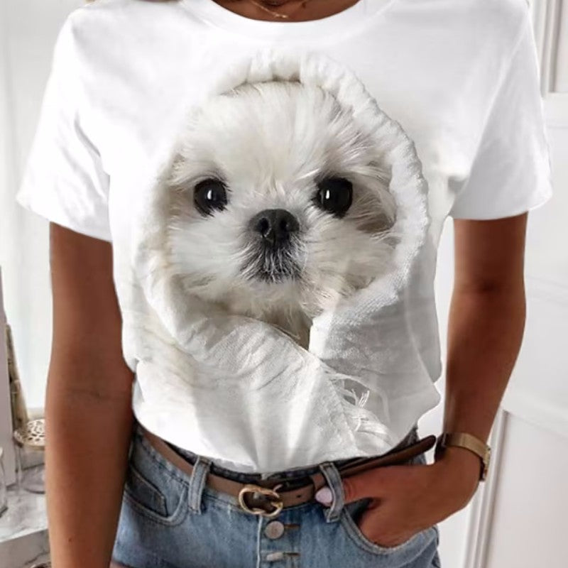 Women's T shirt White Beige Gray Dog