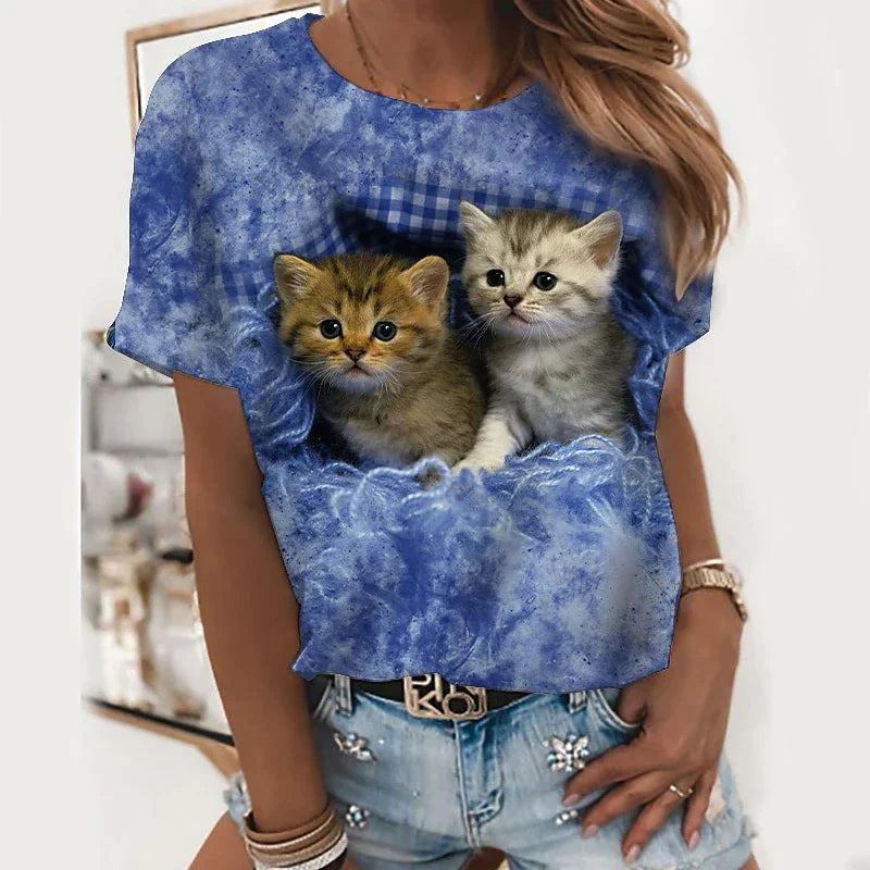 Women's T shirt Black and Blue Cat Print