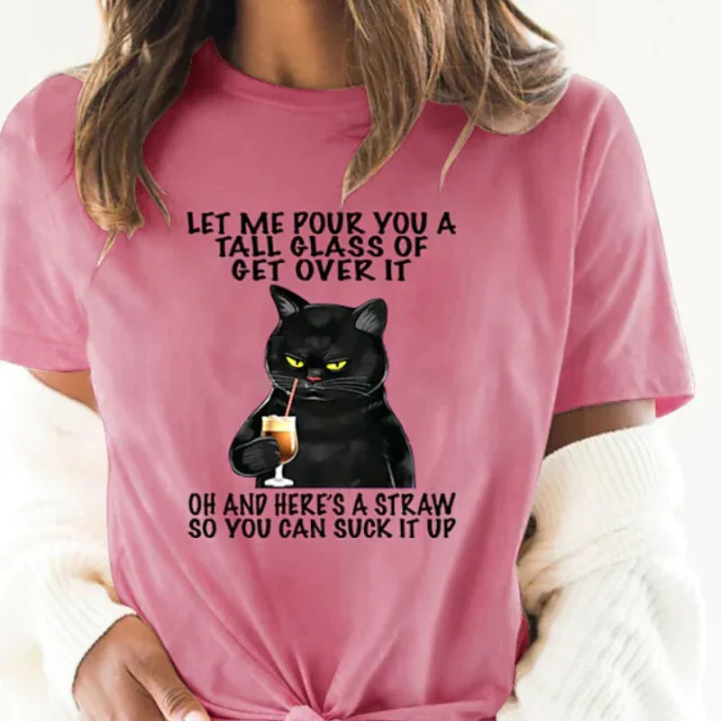 Women's T shirt Drinking Cat