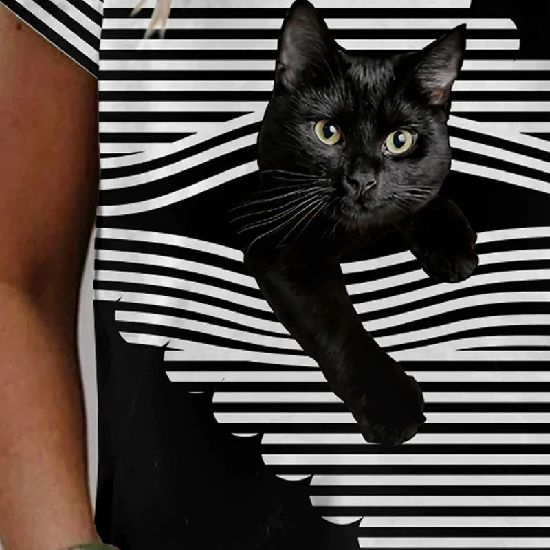 Women's T shirt Diagonal Striped Cat