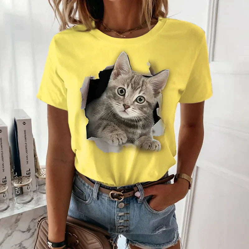 Women's T shirt Black White Yellow Cat